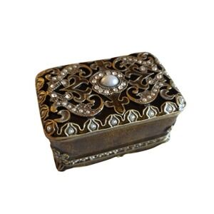 Vintage Heirloom‎ Brass Box Enamel Embellished Treasure Trinket Box Collectible